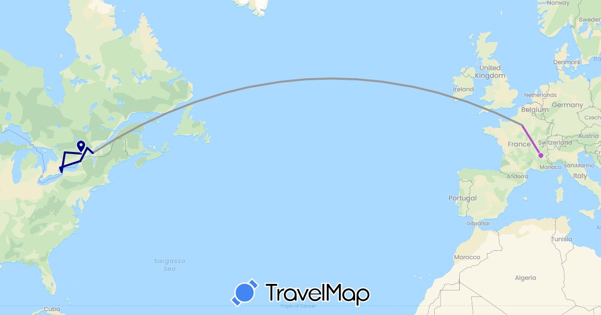 TravelMap itinerary: driving, plane, train in Canada, France (Europe, North America)